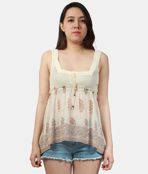 Free People-Áo thun sát nách cổ vuông viền ren vải.