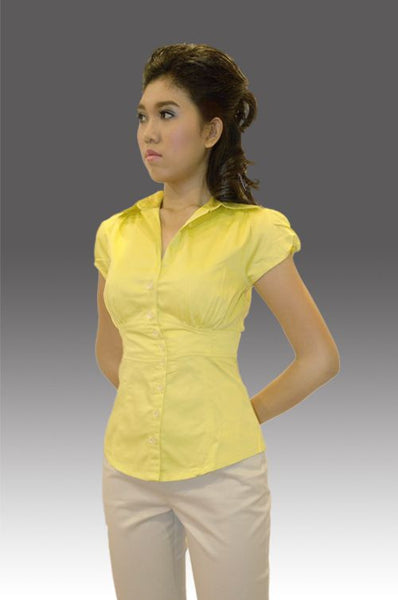 Hà Nội-Banana Republic-Áo kiểu cổ bẻ chữ y sâu, tay ngắn may rút phần gấu trên
