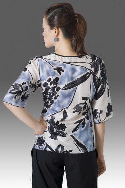 BCBG-Áo kiểu bông đen xám cổ tròn xẻ đinh.