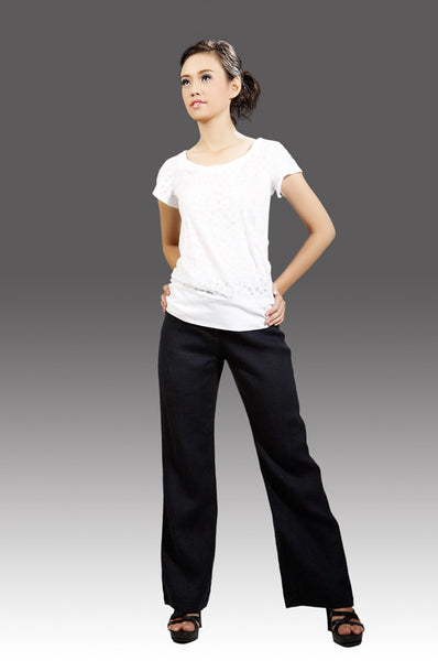 DKNY-Áo thun trắng vải bông ép, cổ tròn, tay ngắn
