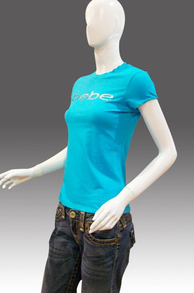 bebe-áo thun cổ tròn, ngắn tay, chữ bebe ở ngực-xanh ngọc