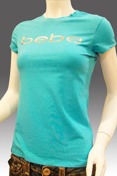 bebe-áo thun cổ tròn, ngắn tay, chữ bebe ở ngực-xanh ngọc
